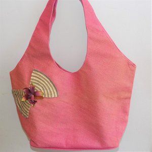 Coral & Pink Straw Purse Floral Detail